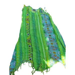 MAMTA Green w/ Boho Print, Fringed Jagged Hem, Rayon Patio Dress - One Size